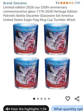 Patriotic Eagle 250th Anniversary Glass Tumbler - Blue/Red (Set of 4)